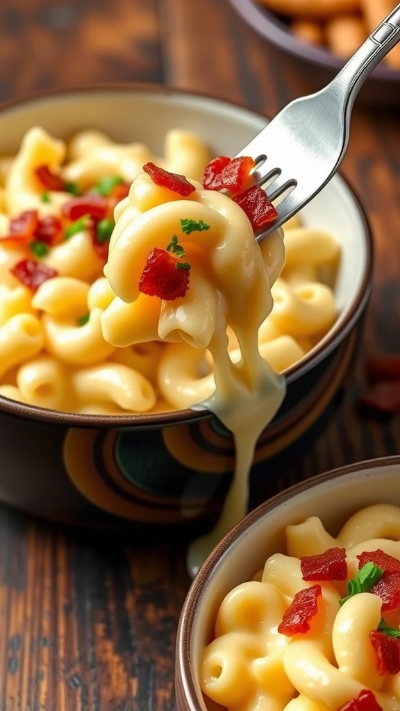 A hearty bowl of four cheese mac and cheese with bacon, garnished with parsley on a rustic table.
